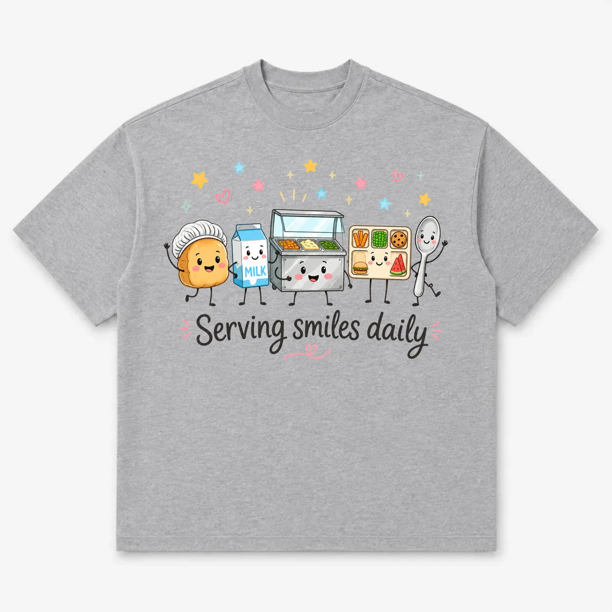 Printora UK heather grey heavyweight cotton t-shirt featuring a cute cartoon school lunch graphic and text.