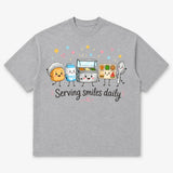 Printora UK heather grey heavyweight cotton t-shirt featuring a cute cartoon school lunch graphic and text.