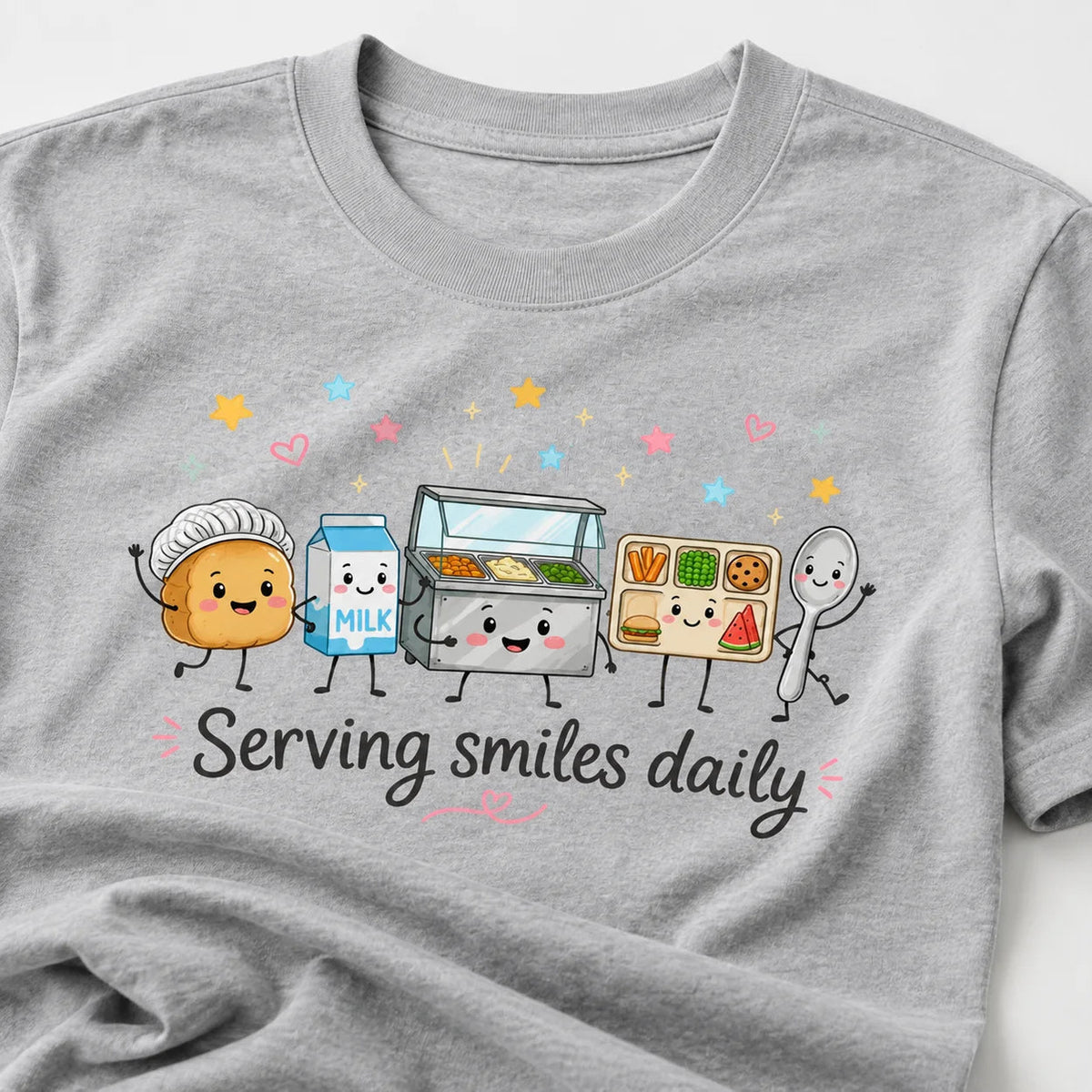 Printora UK heather grey heavyweight cotton t-shirt featuring a cute cartoon school lunch food service graphic