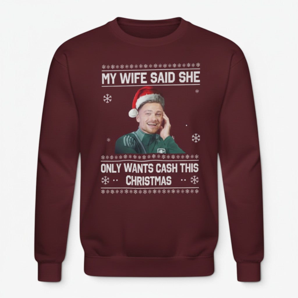 Printora UK burgundy Christmas jumper featuring Matty Cash in a Santa hat with funny holiday text and festive patterns.