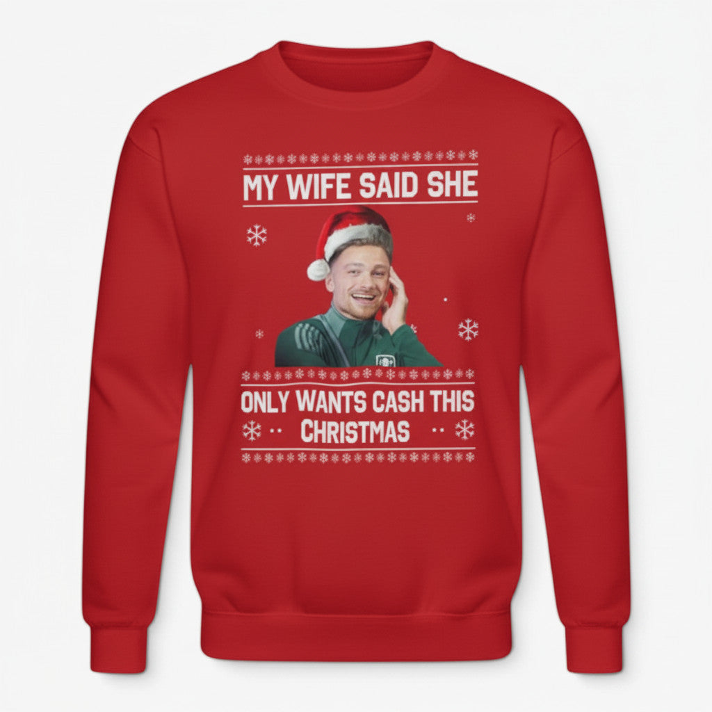 Printora UK red Christmas jumper featuring a funny Matty Cash graphic with festive snowflake patterns and crew neck.