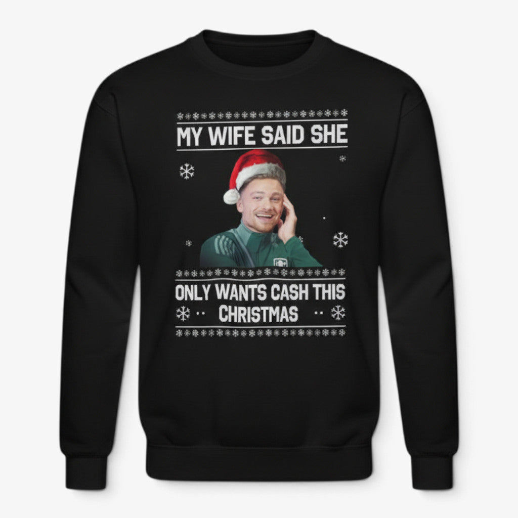 Printora UK black cotton-blend Christmas jumper featuring a funny Matty Cash football graphic and festive text.
