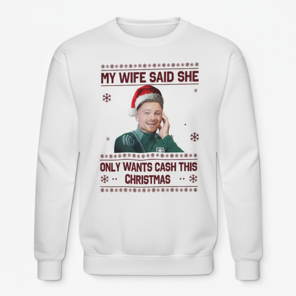 Printora UK white crew neck Christmas jumper featuring a funny Matty Cash football graphic and festive text.