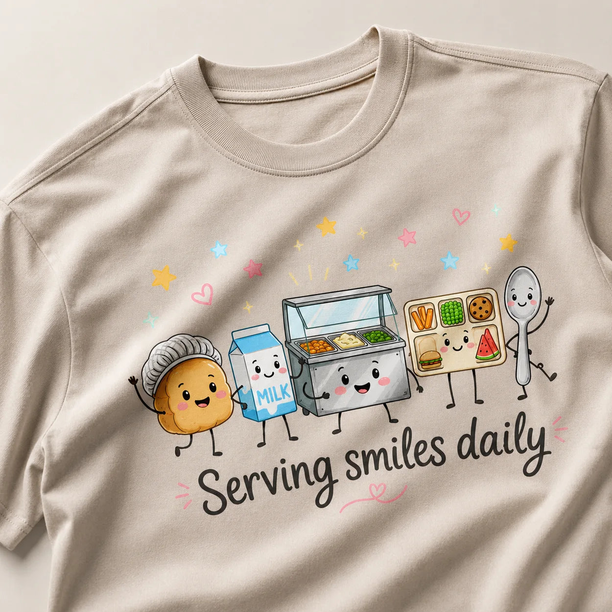 Printora UK natural stone heavyweight cotton t-shirt featuring a cute Serving Smiles Daily school lunch graphic