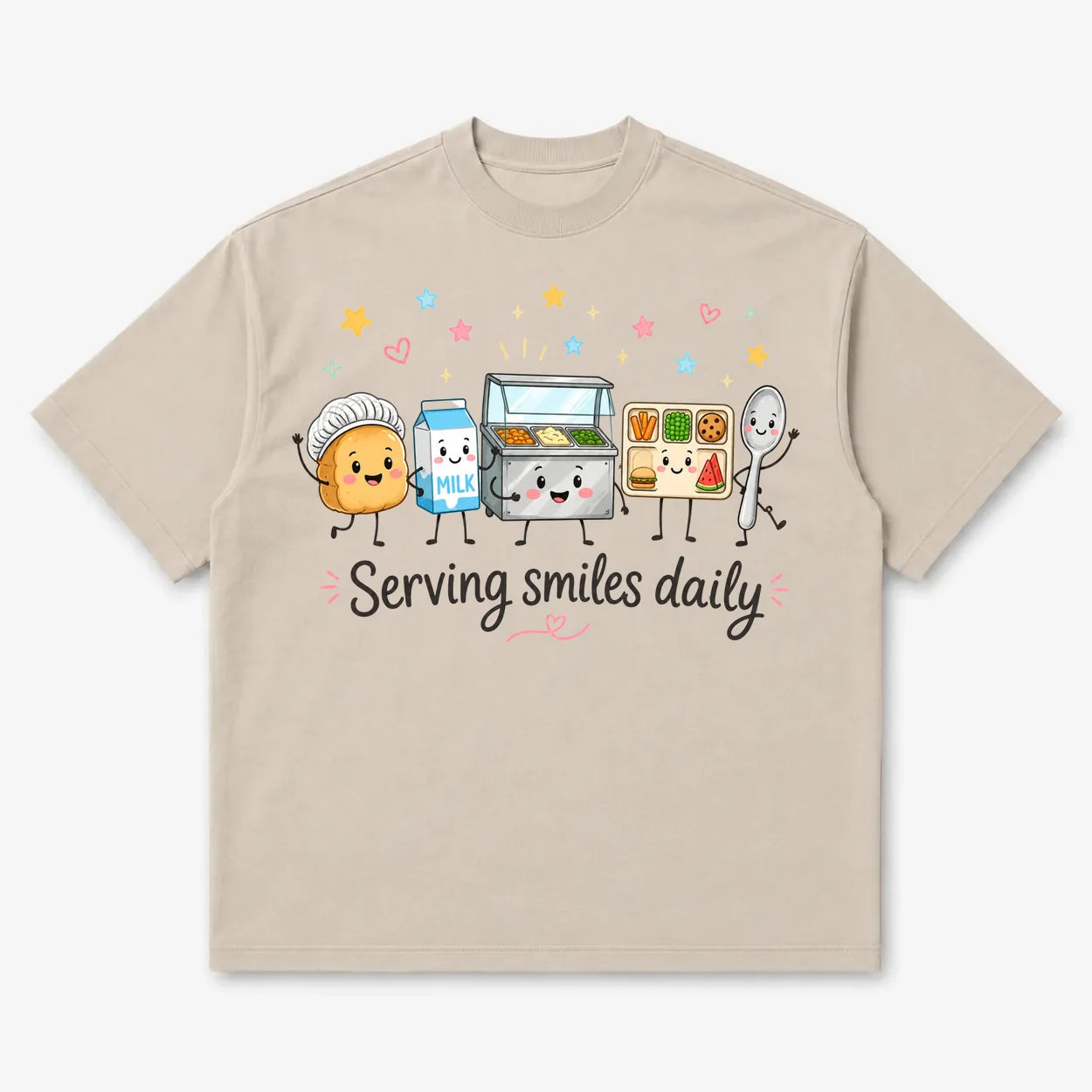 Printora UK natural stone heavyweight cotton t-shirt featuring a cute Serving Smiles Daily school lunch graphic.