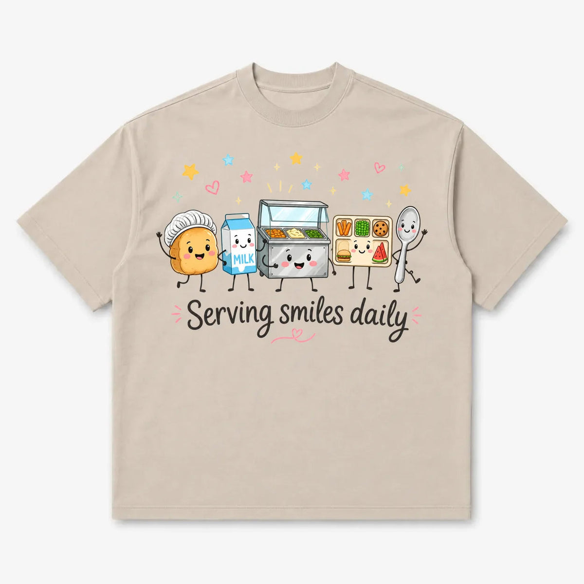Printora UK natural stone heavyweight cotton t-shirt featuring a cute Serving Smiles Daily school lunch graphic.