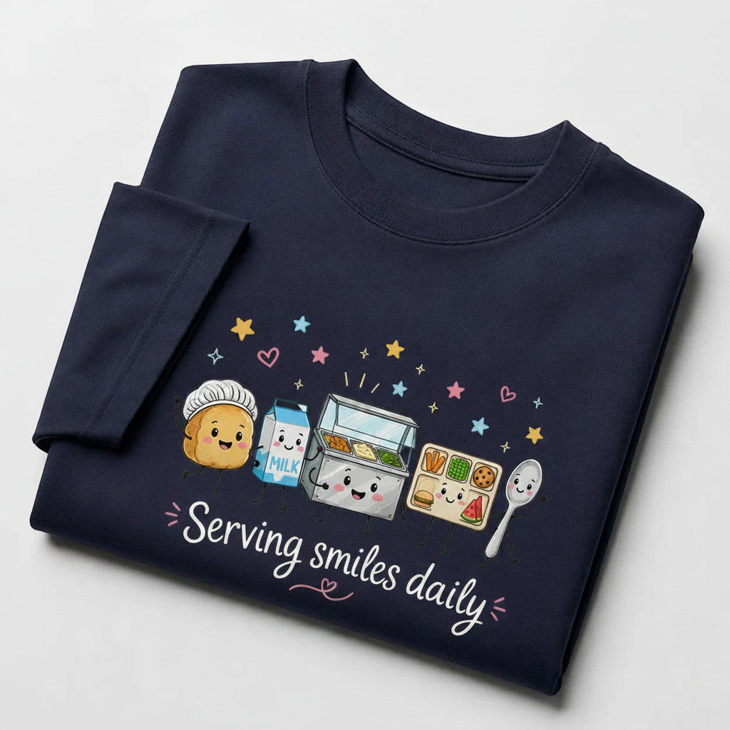 Printora UK navy blue heavyweight cotton t-shirt featuring a cute Serving Smiles Daily school lunch graphic print