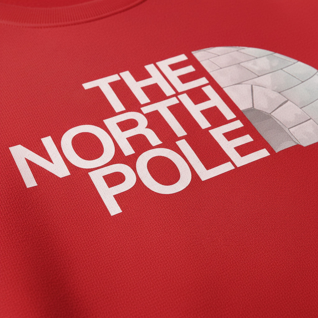 Printora UK red Christmas jumper featuring The North Pole igloo logo graphic in white on a cotton-polyester blend