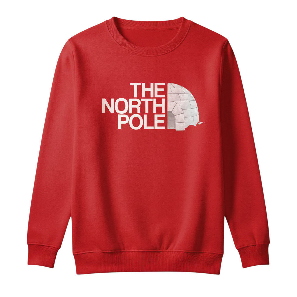 Printora UK red crew neck Christmas jumper with white The North Pole igloo graphic print on chest