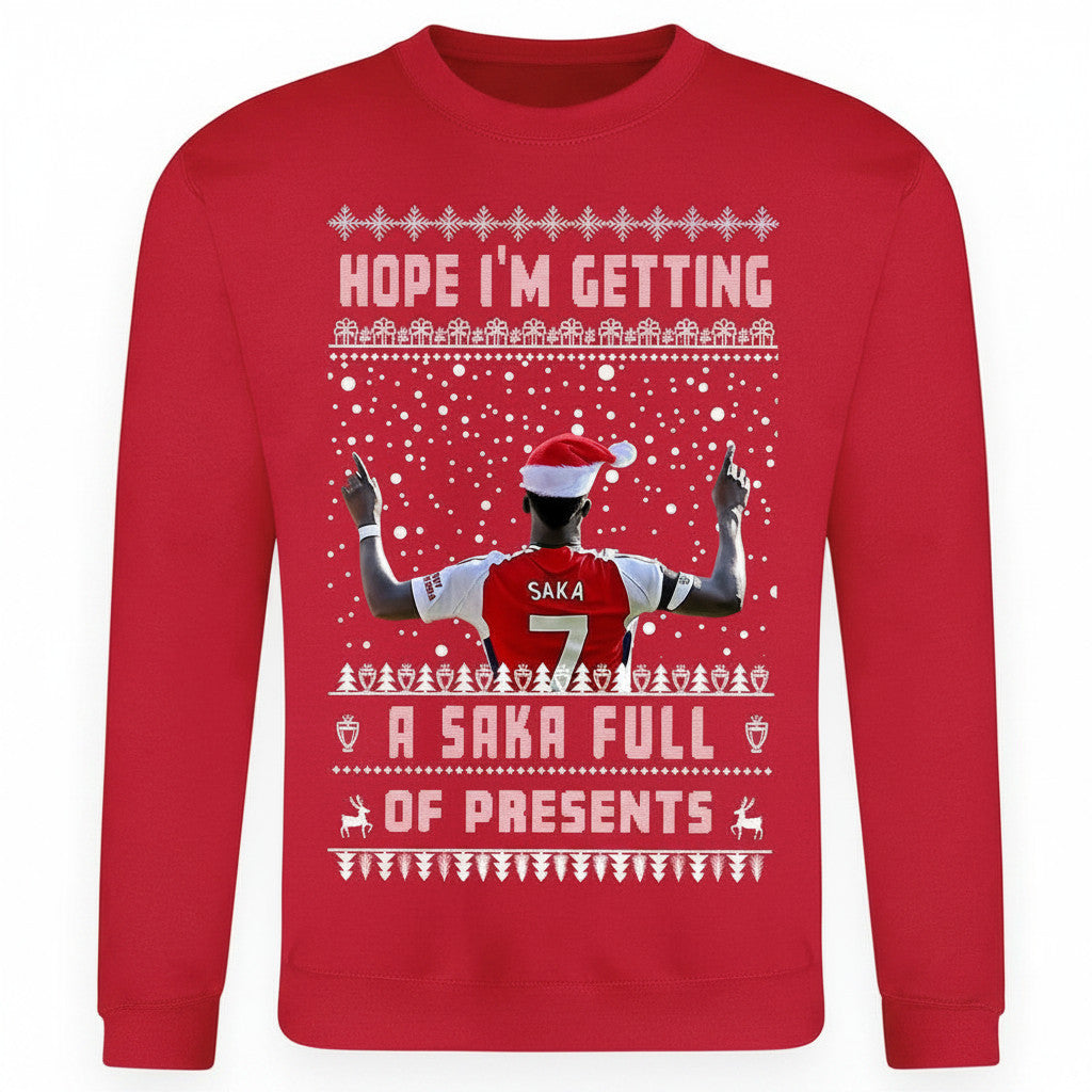 Printora UK red Christmas jumper featuring a Bukayo Saka graphic and festive Hope I am Getting a SAKA Full of Presents