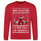 Printora UK red Christmas jumper featuring a Bukayo Saka graphic and festive Hope I am Getting a SAKA Full of Presents