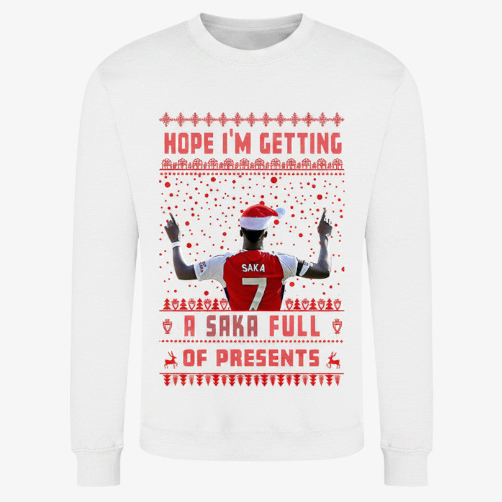 Printora UK white Christmas jumper featuring a Bukayo Saka football graphic with festive red patterns and text.