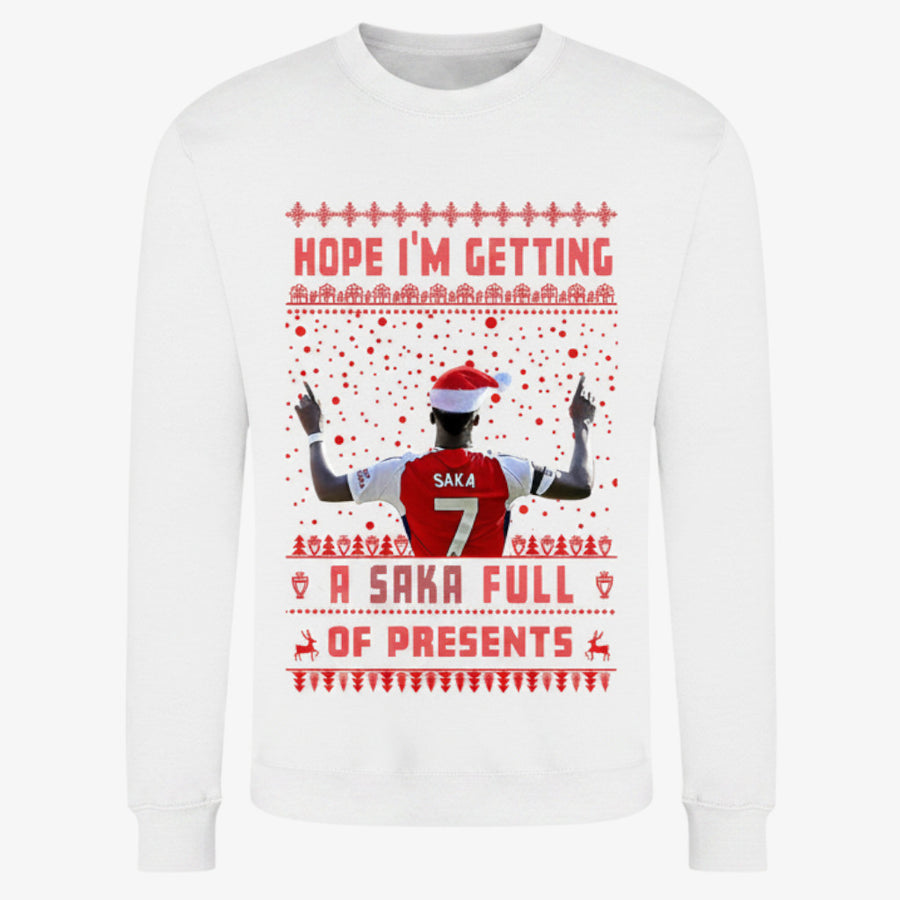 Printora UK white Christmas jumper featuring a Bukayo Saka football graphic with festive red patterns and text.