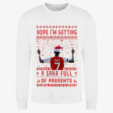 Printora UK white Christmas jumper featuring a Bukayo Saka football graphic with festive red patterns and text.