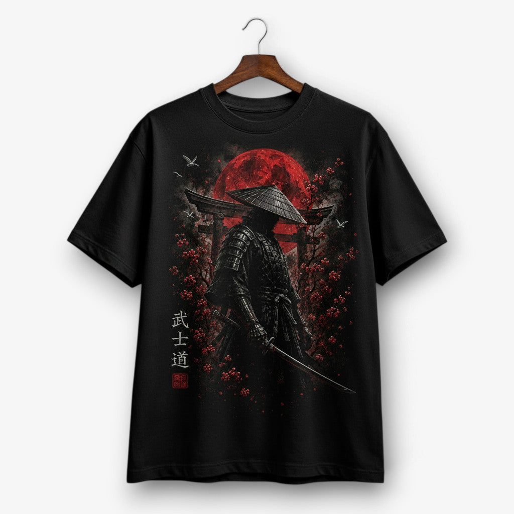 Printora UK black T-shirt featuring a samurai, red moon, cherry blossoms, and Bushido text on a wooden hanger.