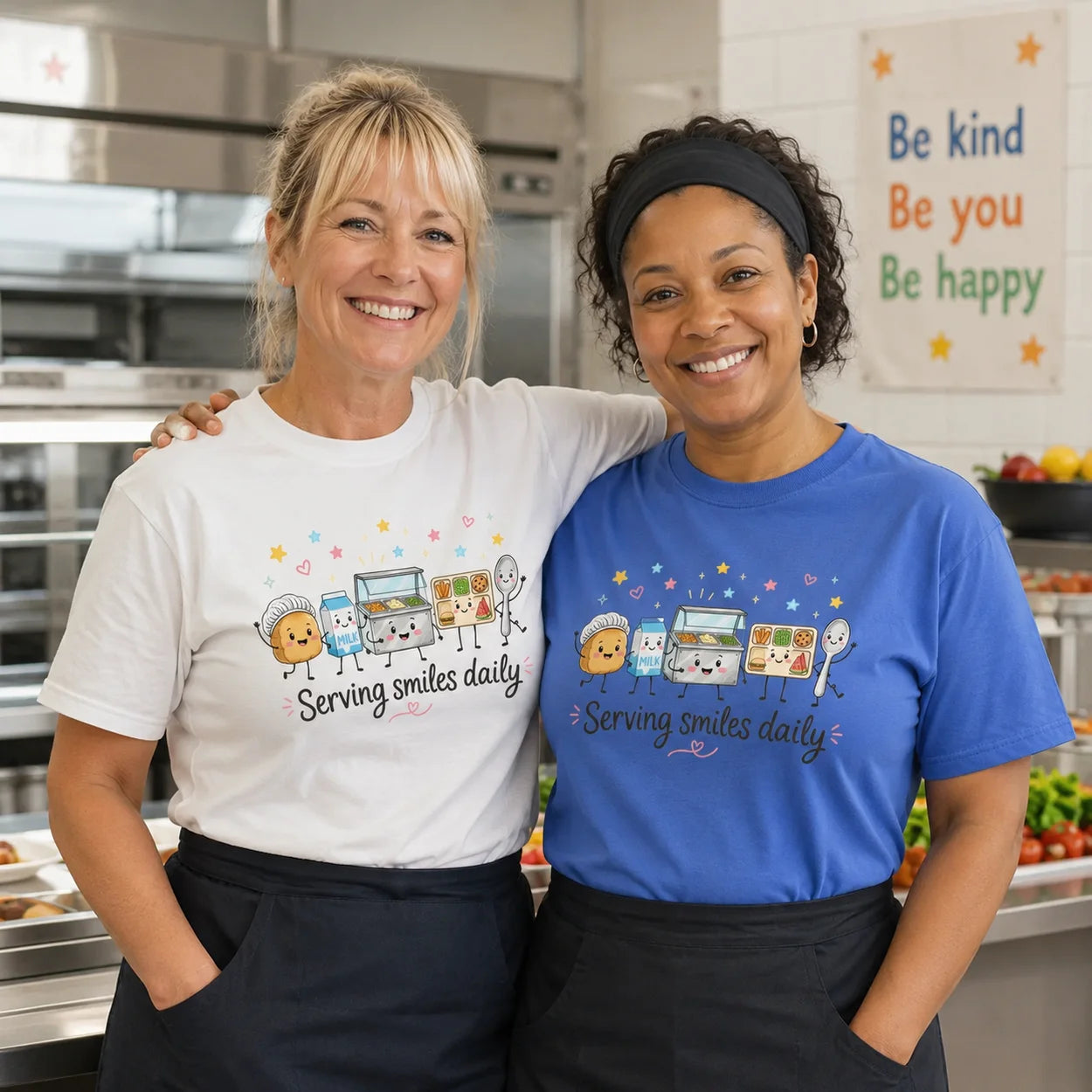 Two women wearing Printora UK Serving Smiles Daily school dinner lady t-shirts in white and blue in a school kitchen.