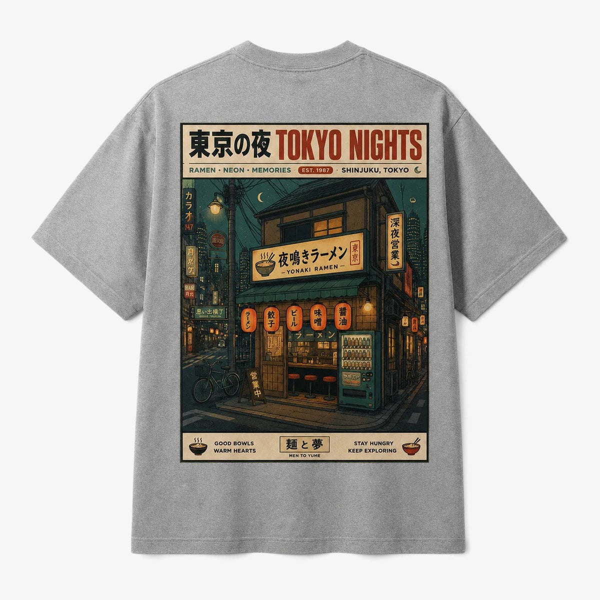 Printora UK grey unisex t-shirt featuring a detailed back graphic of a Tokyo ramen shop at night with neon lanterns.