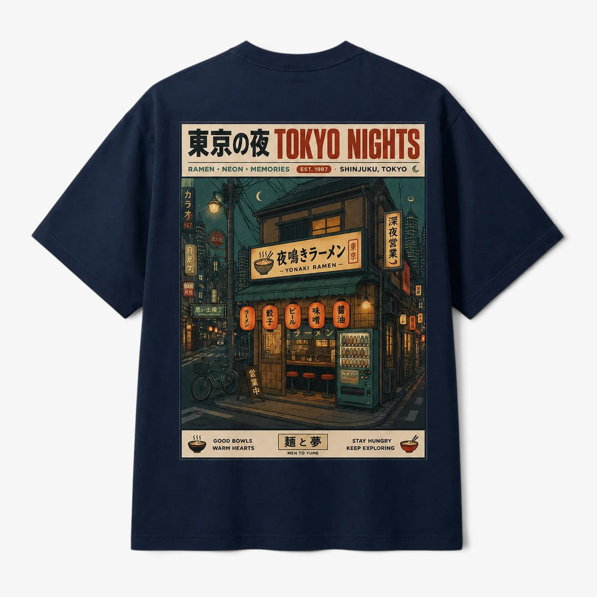 Printora UK navy blue unisex t-shirt featuring a detailed back graphic of a Tokyo ramen shop at night.