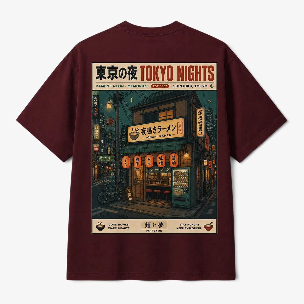 Printora UK Tokyo Nights graphic t-shirt in maroon featuring a detailed back print of a Japanese ramen shop at night.