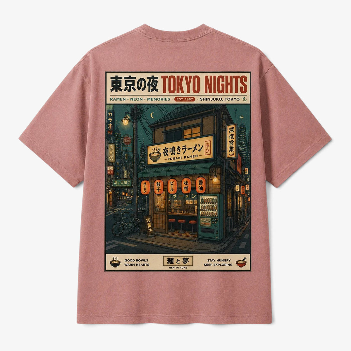 Printora UK Tokyo Nights graphic t-shirt in dusty rose featuring a detailed Japanese ramen shop back print.