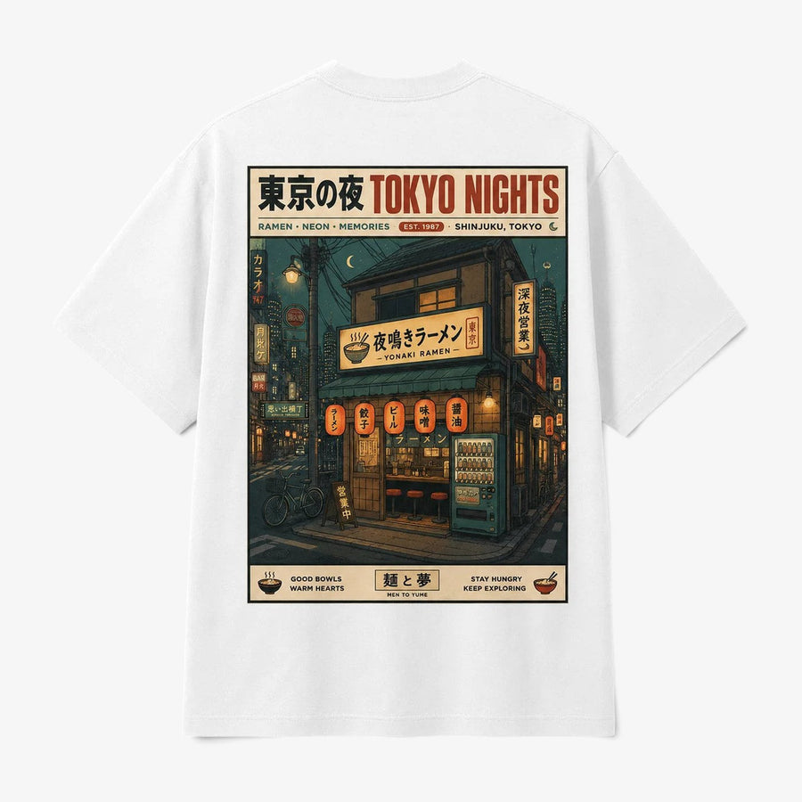 Printora UK white unisex t-shirt featuring a detailed back graphic of a Tokyo ramen shop at night with lanterns.