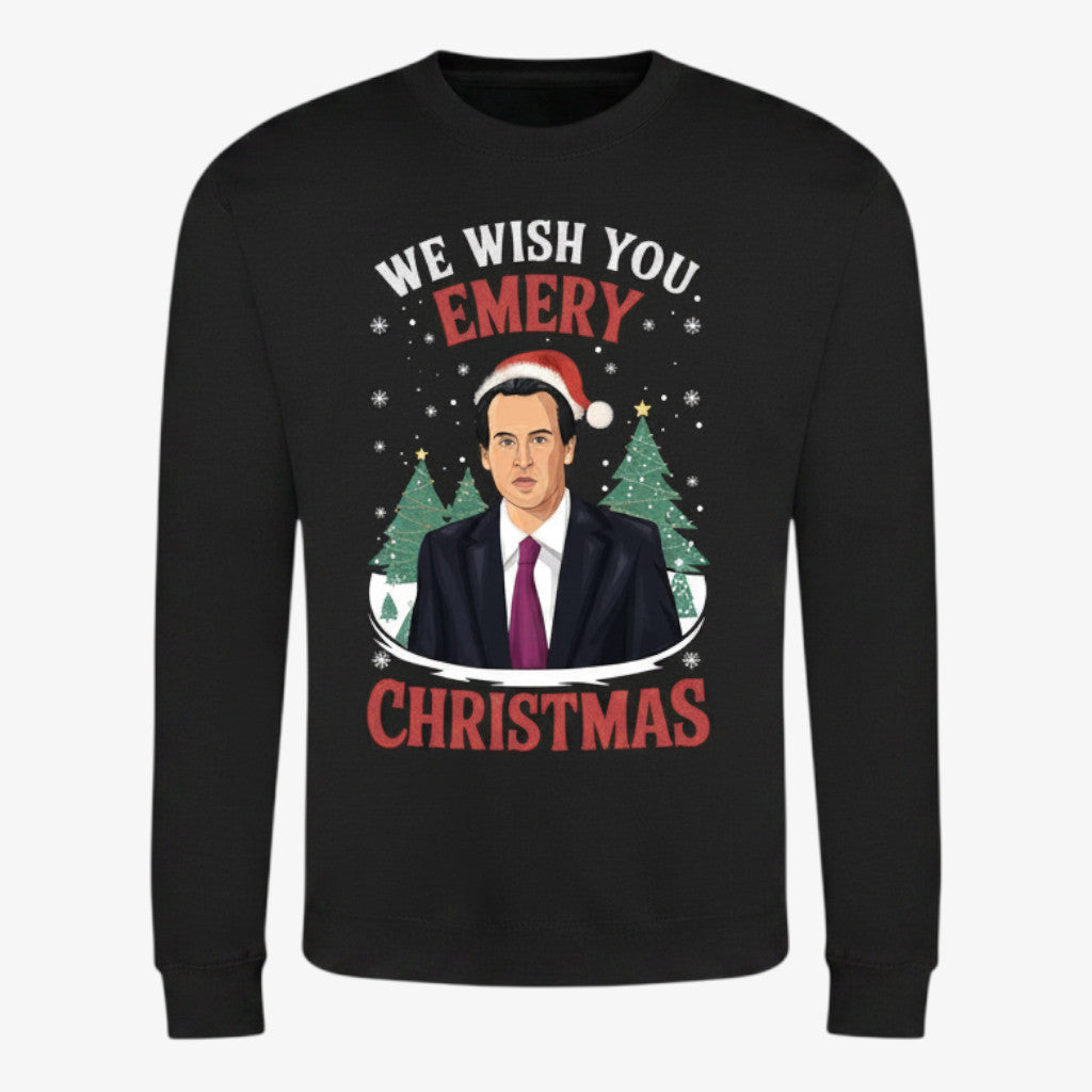 Printora UK black crew neck sweatshirt featuring a cartoon Unai Emery in a Santa hat with festive Christmas text.