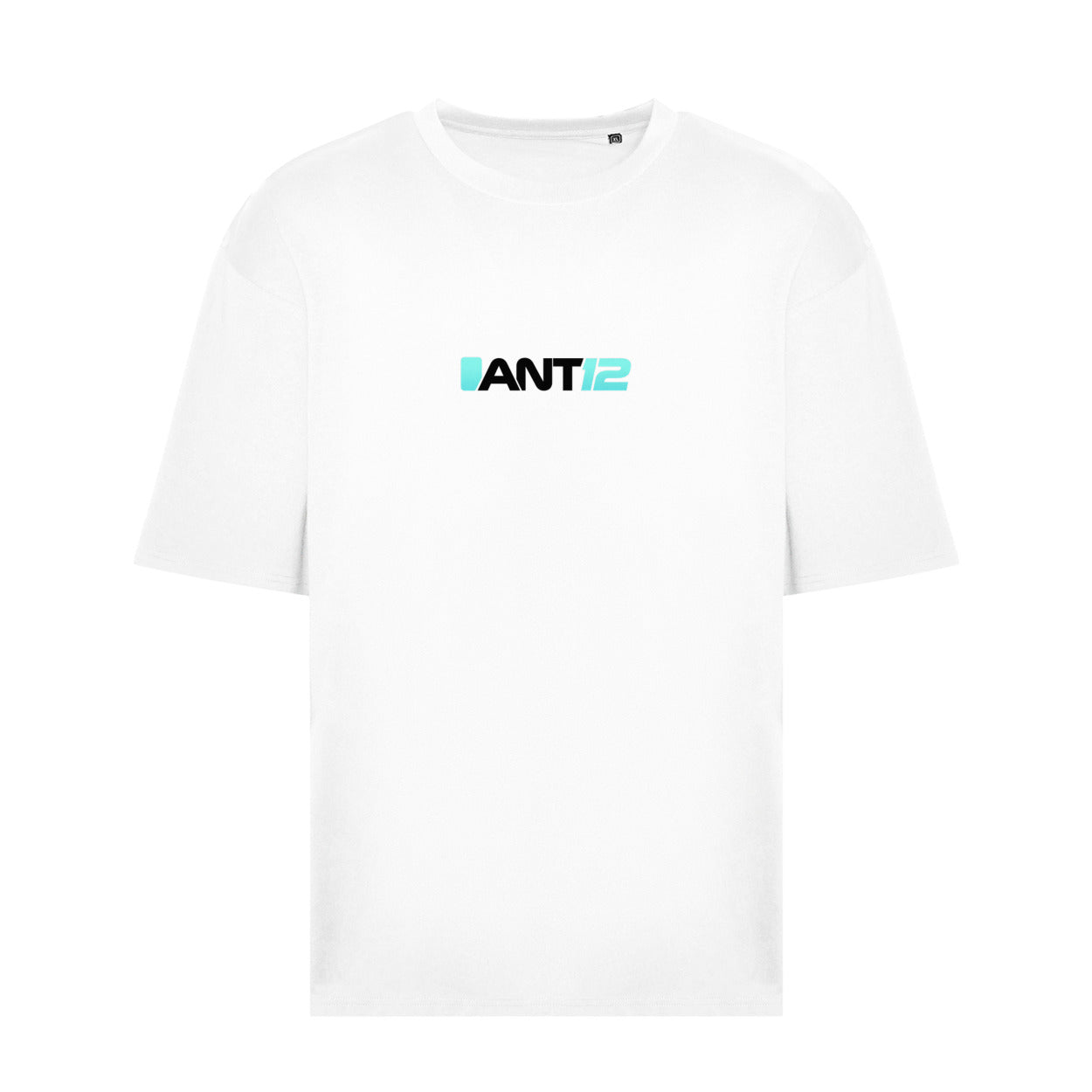 Printora UK white cotton F1 fan t-shirt featuring a small ANT12 chest logo in black and teal for racing enthusiasts.