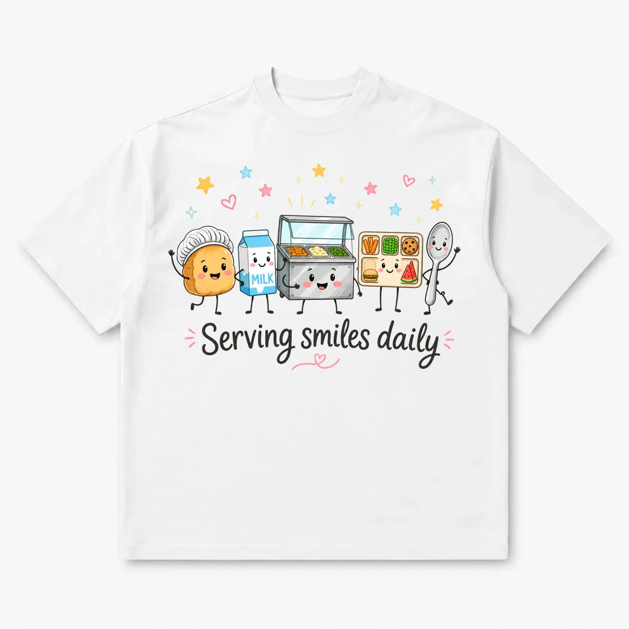 Printora UK white heavyweight cotton t-shirt featuring a cute cartoon school lunch graphic and Serving Smiles Daily text