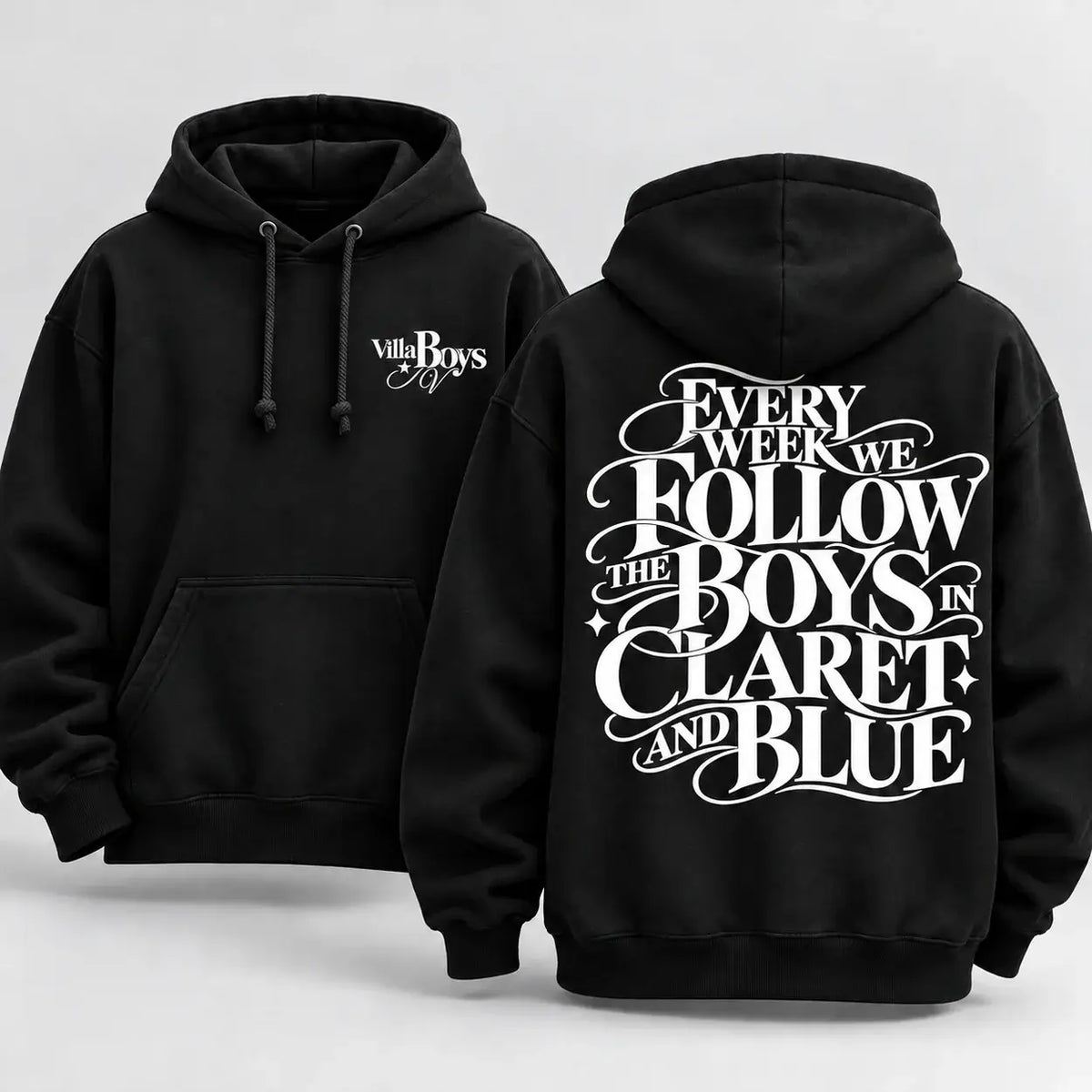 Every Week We Follow The Boys in Claret and Blue hoodie – Black hoodie front and back mockup