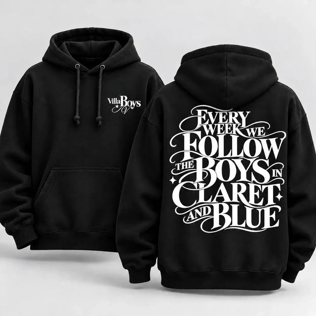 Every Week We Follow The Boys in Claret and Blue hoodie – Black hoodie front and back mockup