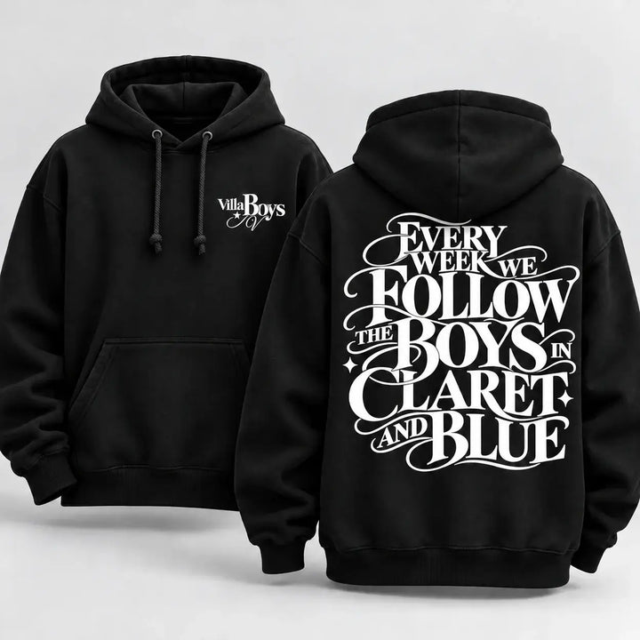 Every Week We Follow The Boys in Claret and Blue hoodie – Black hoodie front and back mockup