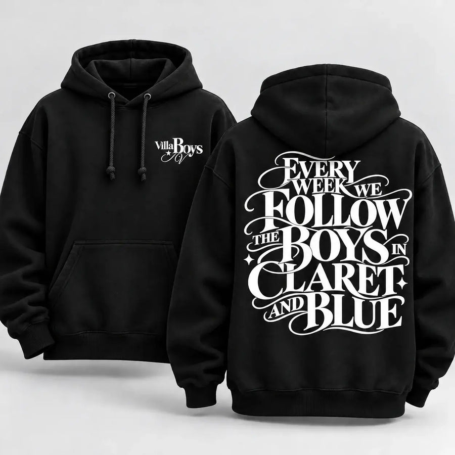 Every Week We Follow The Boys in Claret and Blue hoodie – Black hoodie front and back mockup