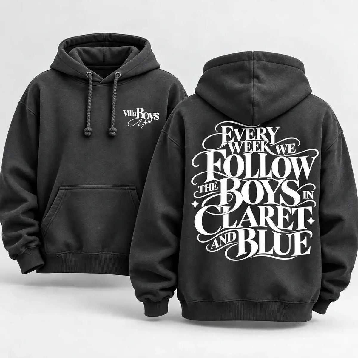 Every Week We Follow The Boys in Claret and Blue hoodie – Charcoal hoodie front and back