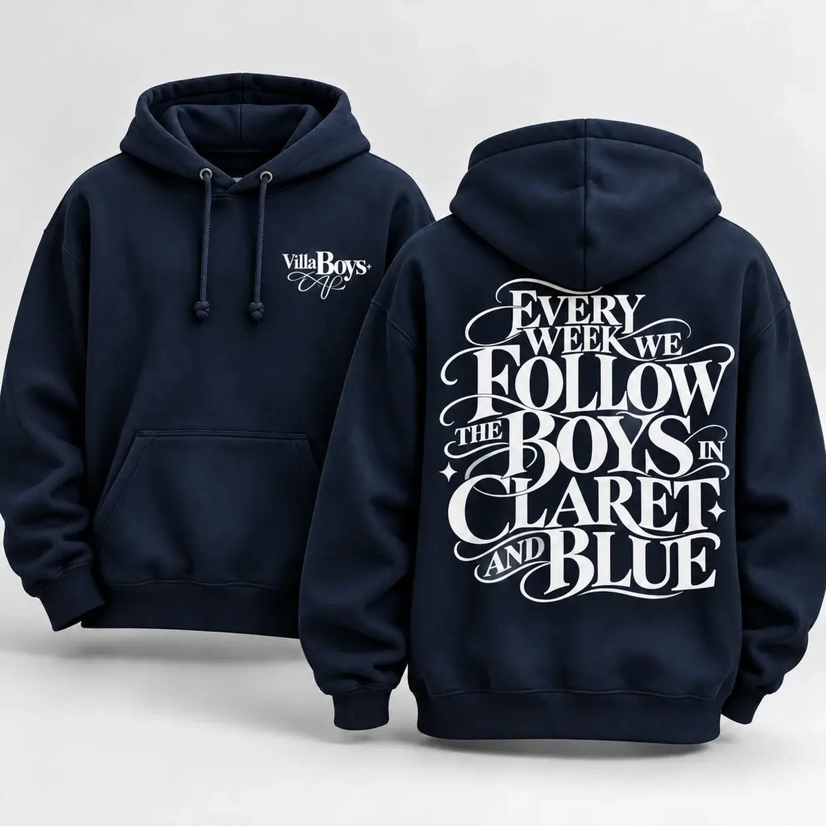 Every Week We Follow The Boys in Claret and Blue hoodie – Navy hoodie front and back