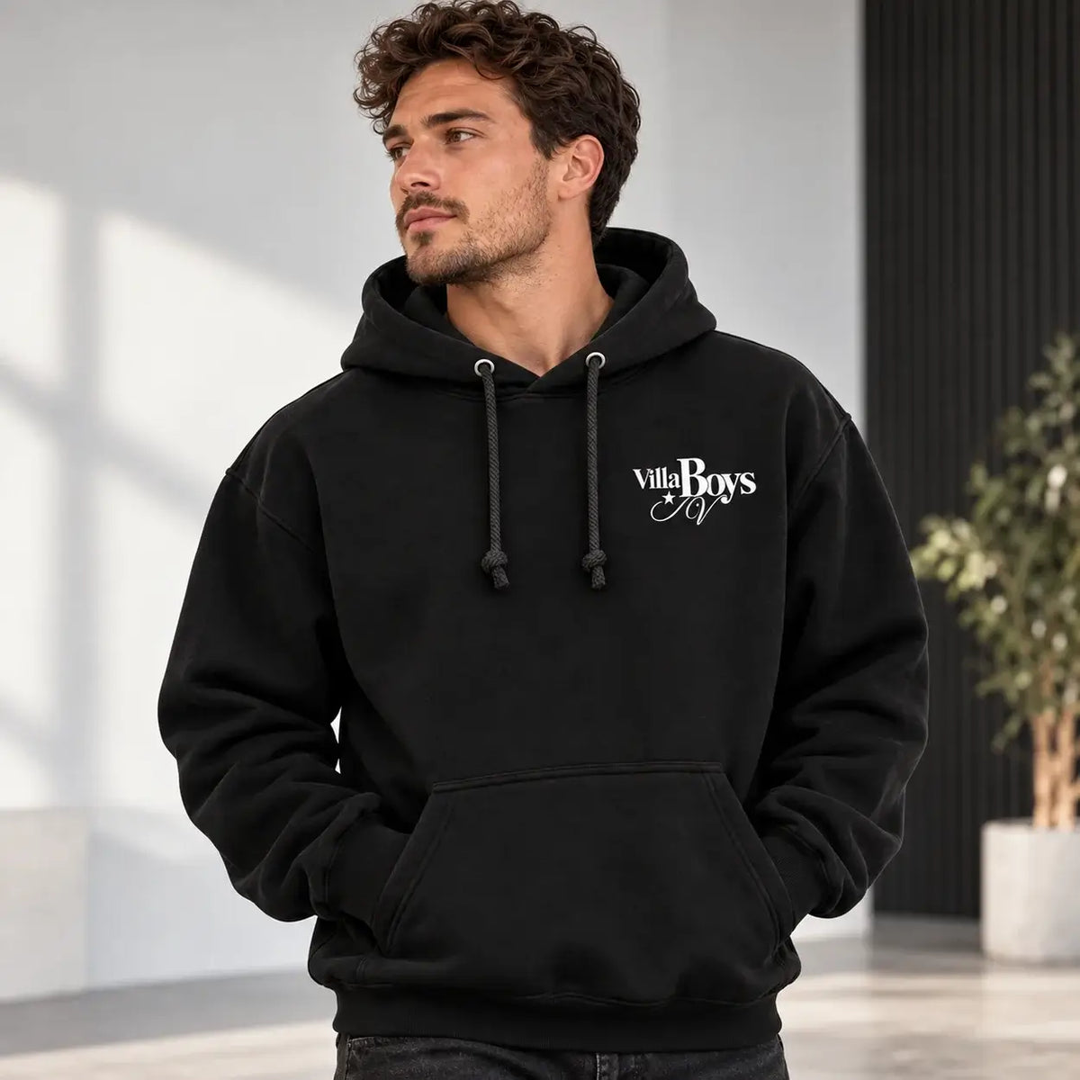Every Week We Follow The Boys in Claret and Blue hoodie – Black hoodie small Villa Boys front chest lifestyle mockup