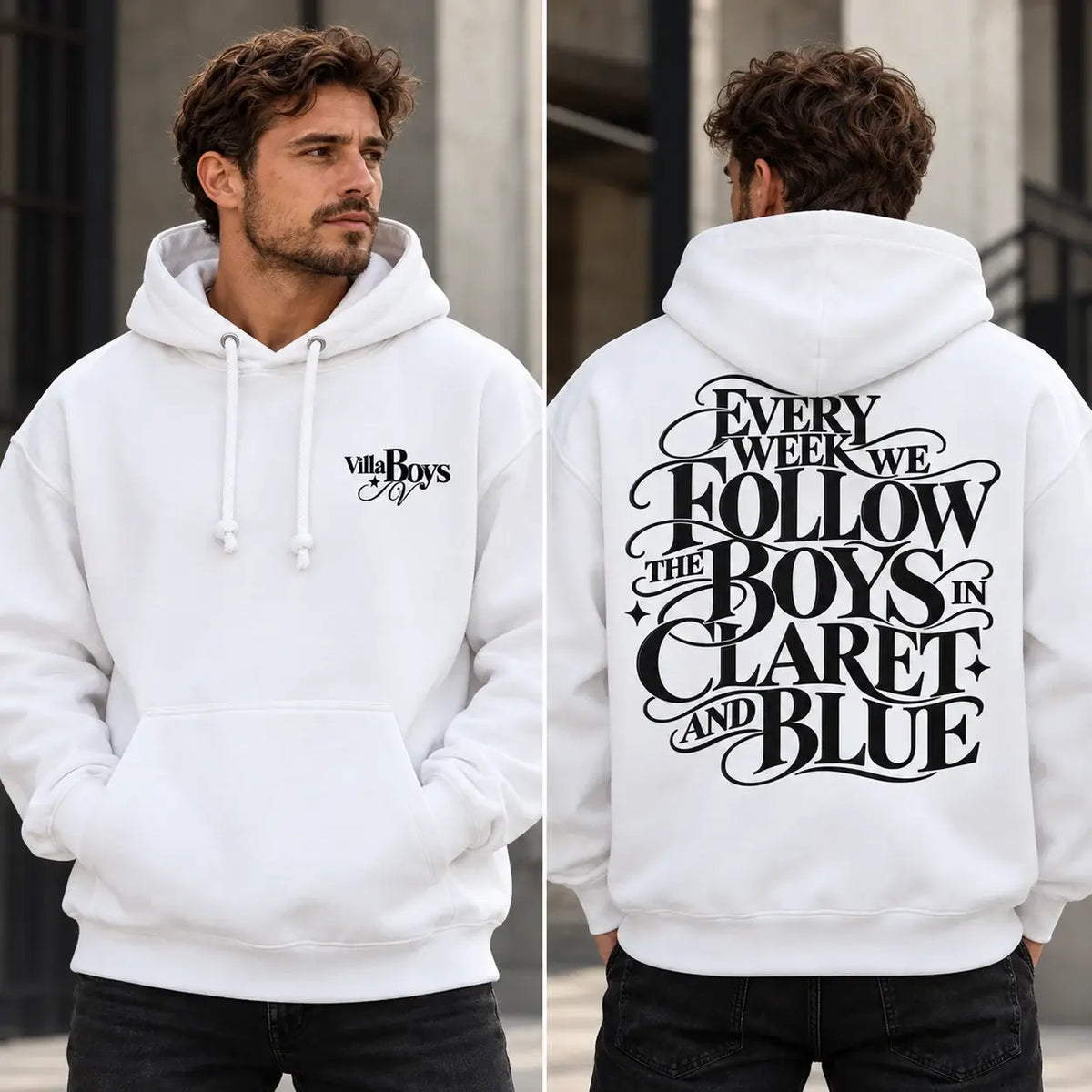 Every Week We Follow The Boys in Claret and Blue hoodie – White hoodie lifestyle front and back