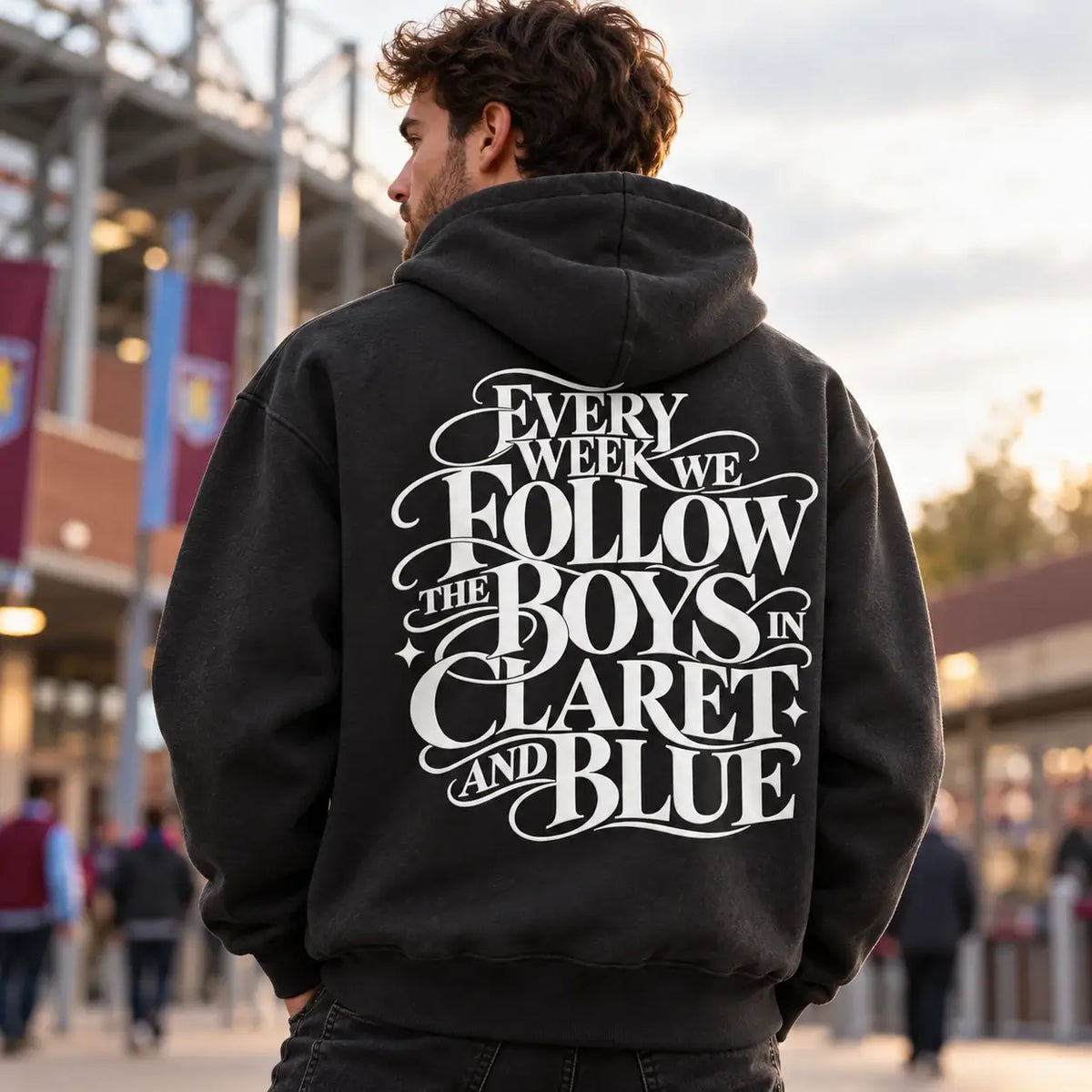 Every Week We Follow The Boys in Claret and Blue hoodie – Black hoodie back print model lifestyle