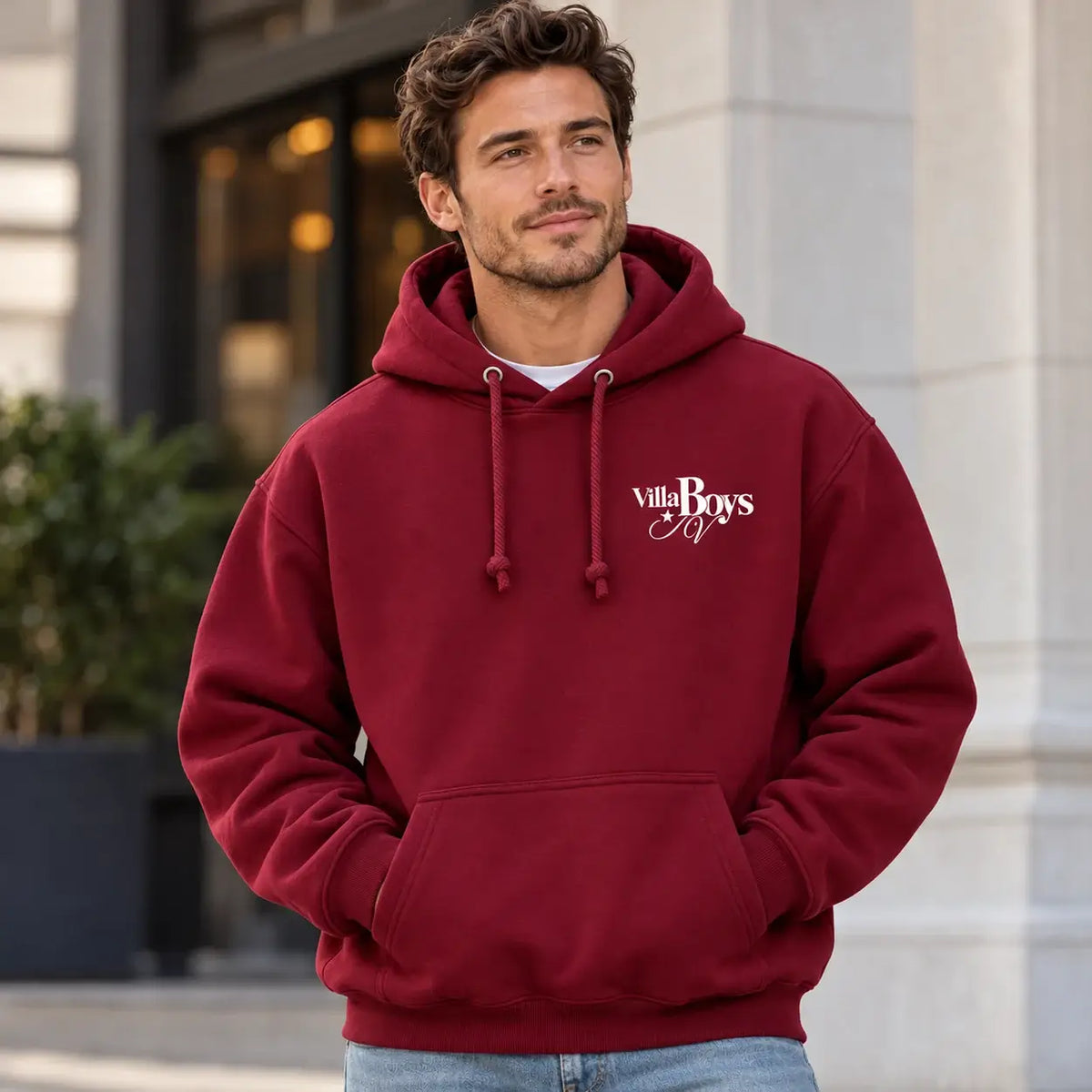 Every Week We Follow The Boys in Claret and Blue hoodie – Burgundy hoodie front chest model lifestyle