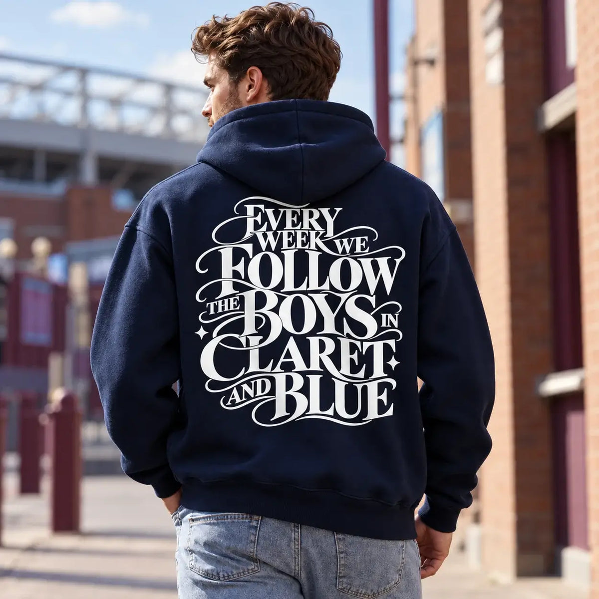 Every Week We Follow The Boys in Claret and Blue hoodie – Navy hoodie back print model lifestyle