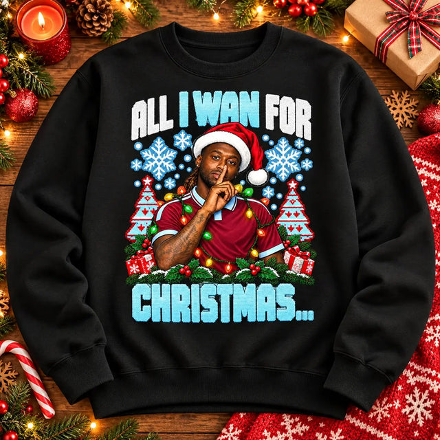 All I Wan for Christmas Aaron Wan-Bissaka funny football Christmas jumper Black festive flat lay