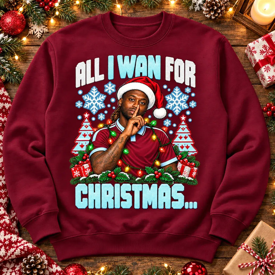 All I Wan for Christmas Aaron Wan-Bissaka funny football Christmas jumper Burgundy festive flat lay