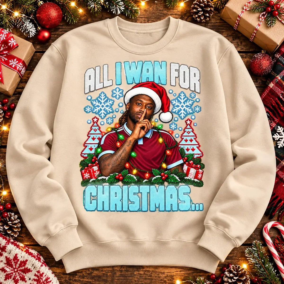 All I Wan for Christmas Aaron Wan-Bissaka funny football Christmas jumper Cream festive flat lay