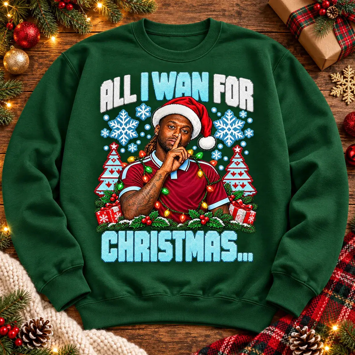 All I Wan for Christmas Aaron Wan-Bissaka funny football Christmas jumper Forest Green festive flat lay