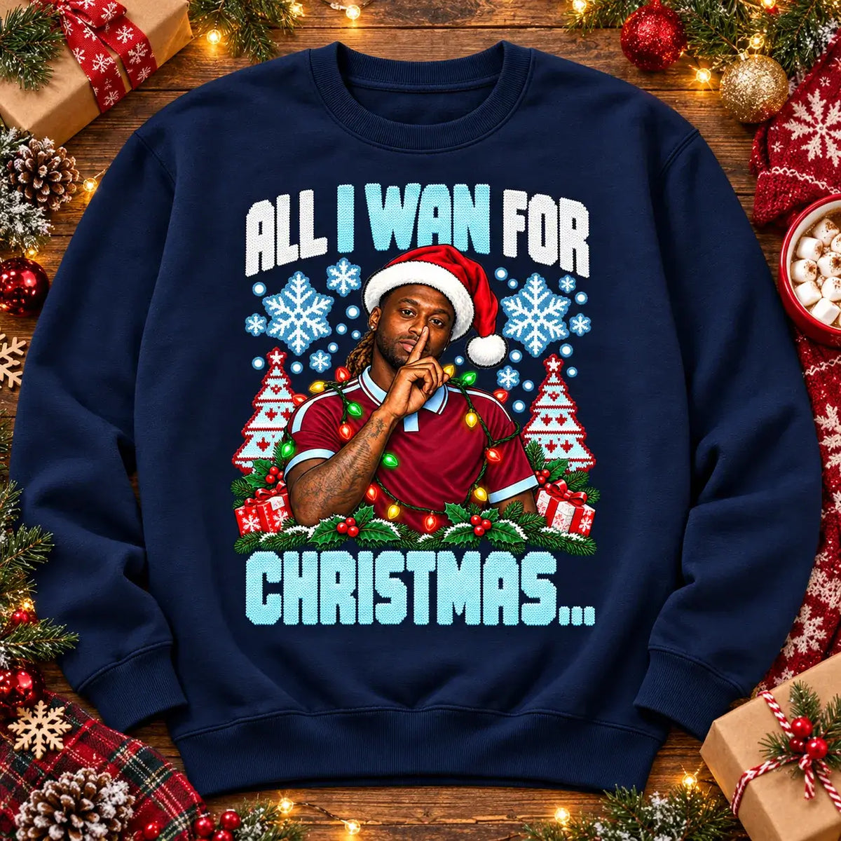 All I Wan for Christmas Aaron Wan-Bissaka funny football Christmas jumper Navy festive flat lay