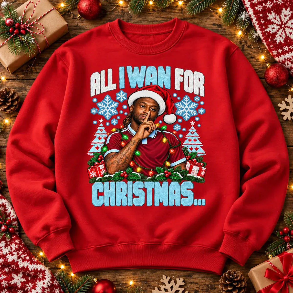 All I Wan for Christmas Aaron Wan-Bissaka funny football Christmas jumper Red festive flat lay