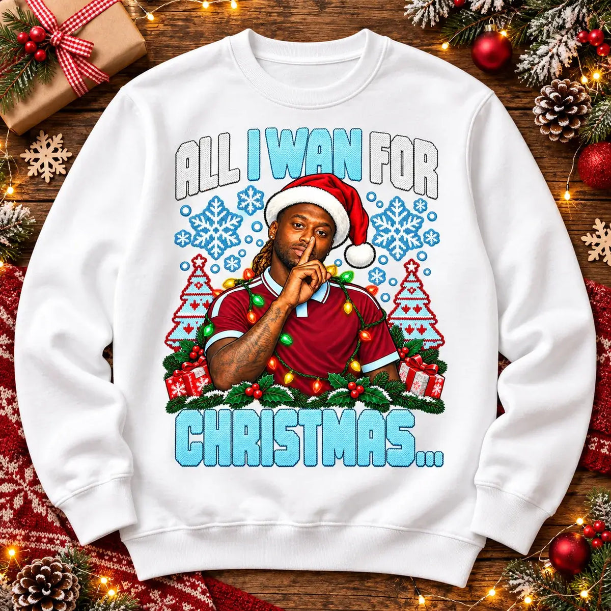 All I Wan for Christmas Aaron Wan-Bissaka funny football Christmas jumper White festive flat lay