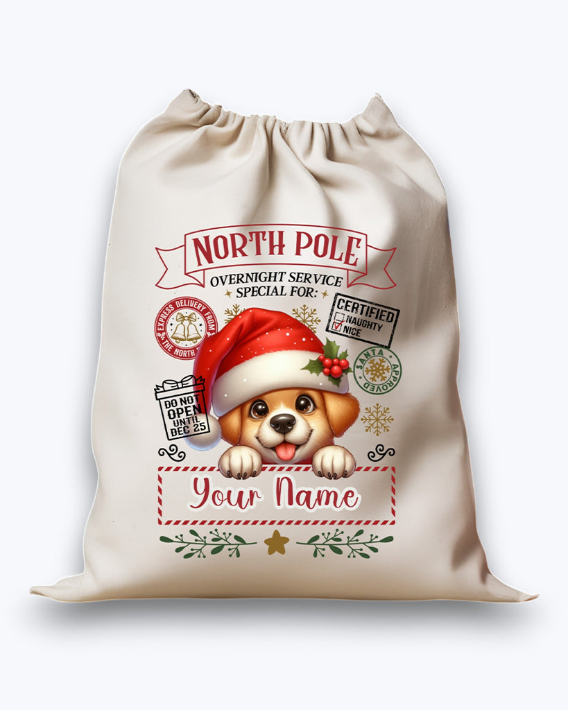 Personalised DTF Printed Christmas Sack - Puppy Design 40cm x 61.5cm