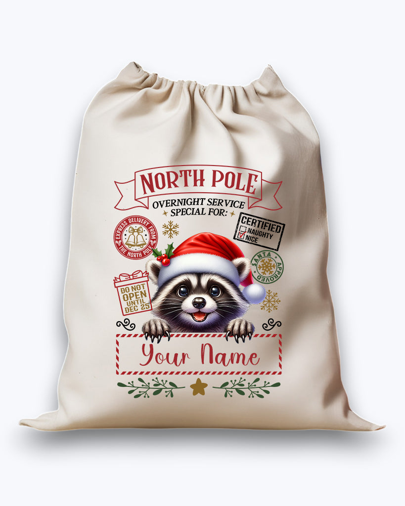 Personalised DTF Printed Christmas Sack - Racoon Design 40cm x 61.5cm