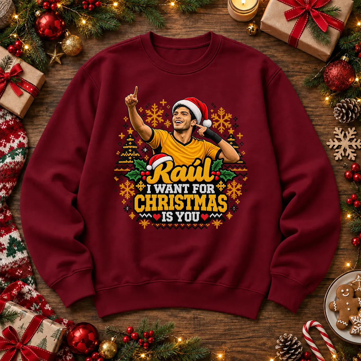 Burgundy Raúl Jiménez RAUL I WANT FOR CHRISTMAS IS YOU Wolves football Christmas jumper mockup