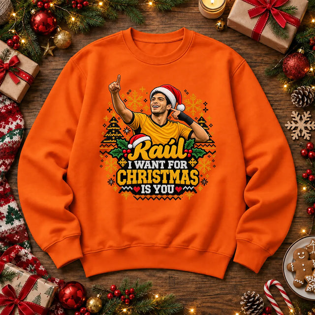 Orange Raúl Jiménez RAUL I WANT FOR CHRISTMAS IS YOU Wolves football Christmas jumper mockup